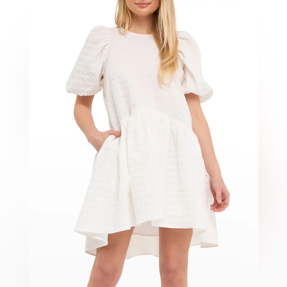 ENGLISH FACTORY white textured puff sleeve dress